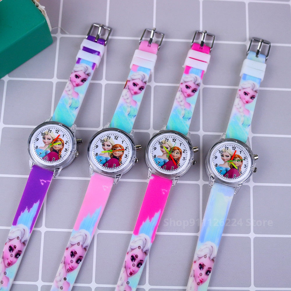 Disney Princess Elsa Kids Watches Girls Silicone Strap Cartoon Rabbit Dinosaur