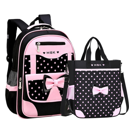 6-12 Year Old Child&#39;s School Bag / School Bag Set for Girl Cute Black Pink Bow School Backpack