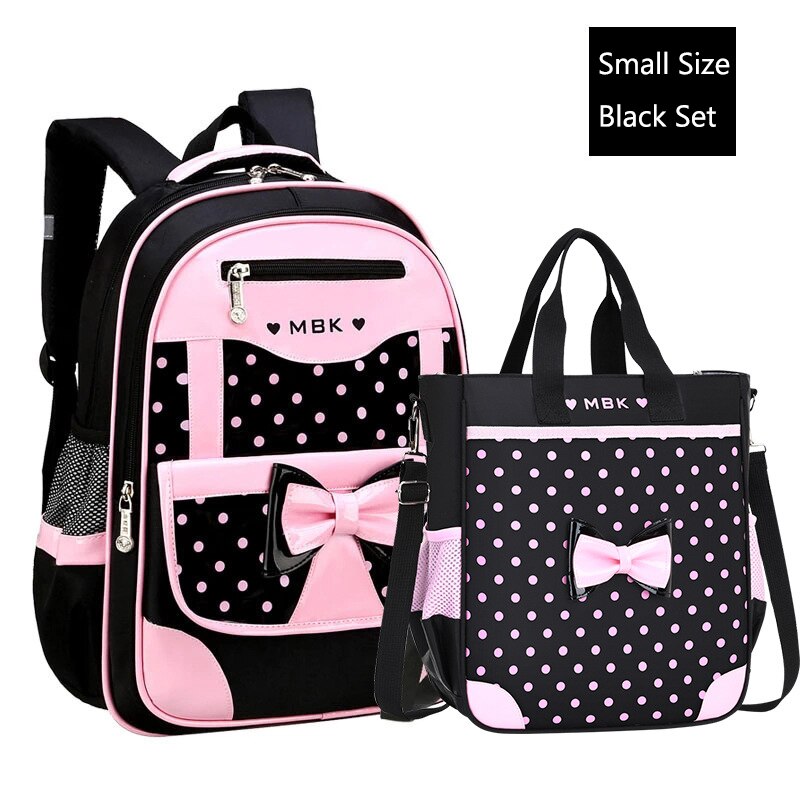 6-12 Year Old Child&#39;s School Bag / School Bag Set for Girl Cute Black Pink Bow School Backpack